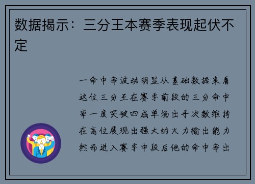 数据揭示：三分王本赛季表现起伏不定